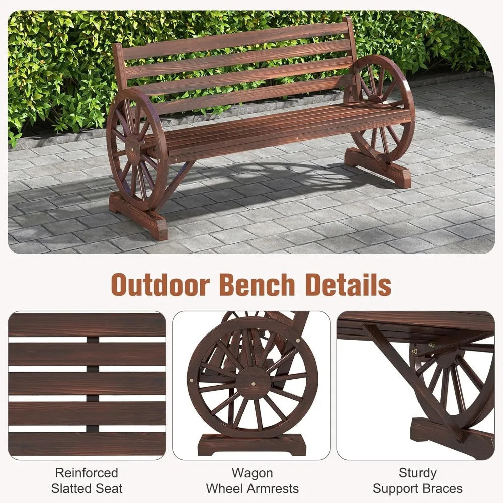 Rustic wooden wagon wheel 3-person patio bench with backrest for outdoor backyard furniture - style1 / united states