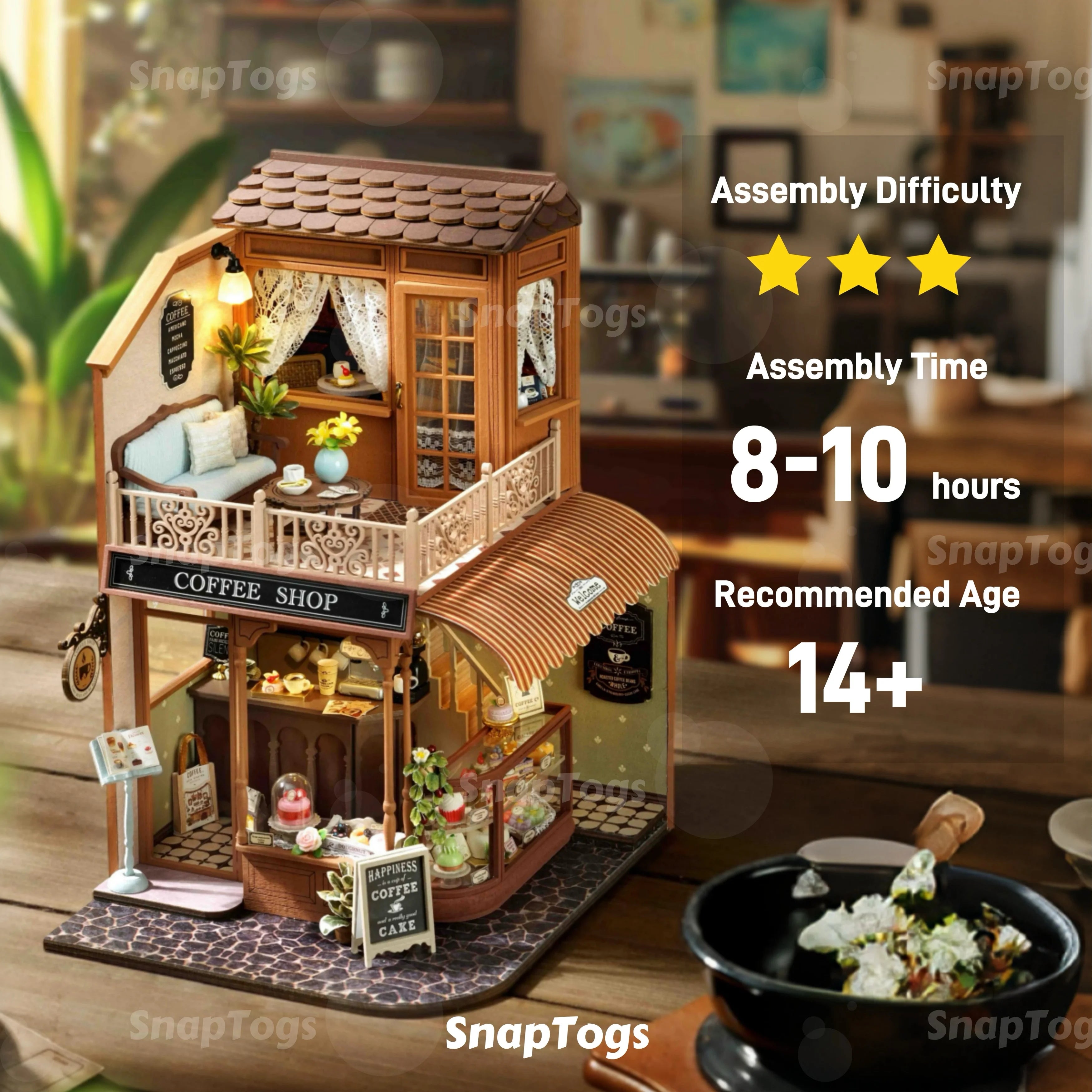 Snaptogs diy miniature duplex café wooden building blocks kit house roombox book nook tiny doll gift decor music box