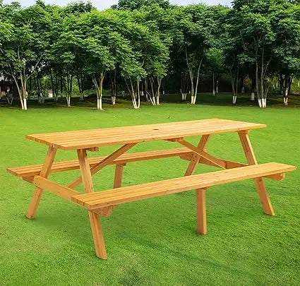 10-person solid wood picnic table outdoor round and bench set with umbrella hole outside wooden chairs s - united