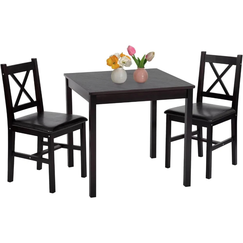 Solid wood 3-piece dining set in dark brown with pine table and upholstered chairs | space-saving kitchen design