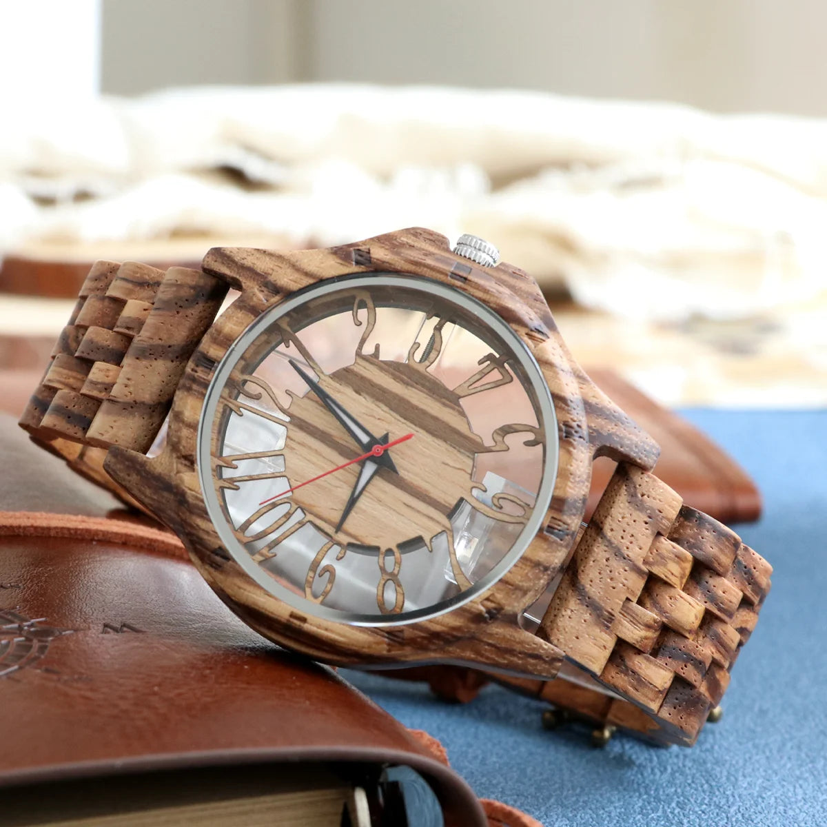 Men’s wood quartz watch personalised fashion transparent hollow timepieces wooden wrist watches for men dropshipping