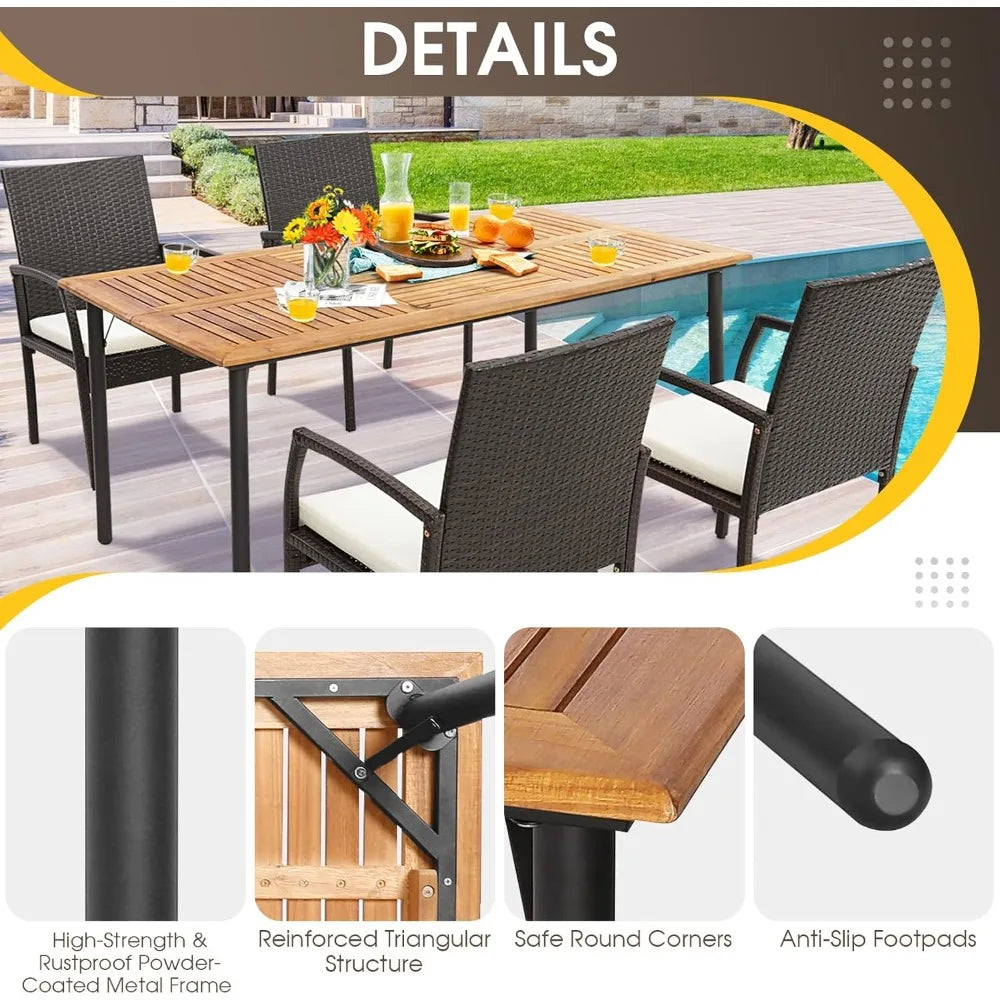 Patio acacia wood dining table for 6 persons large rectangular with metal legs umbrella hole farmhouse - naturalblack