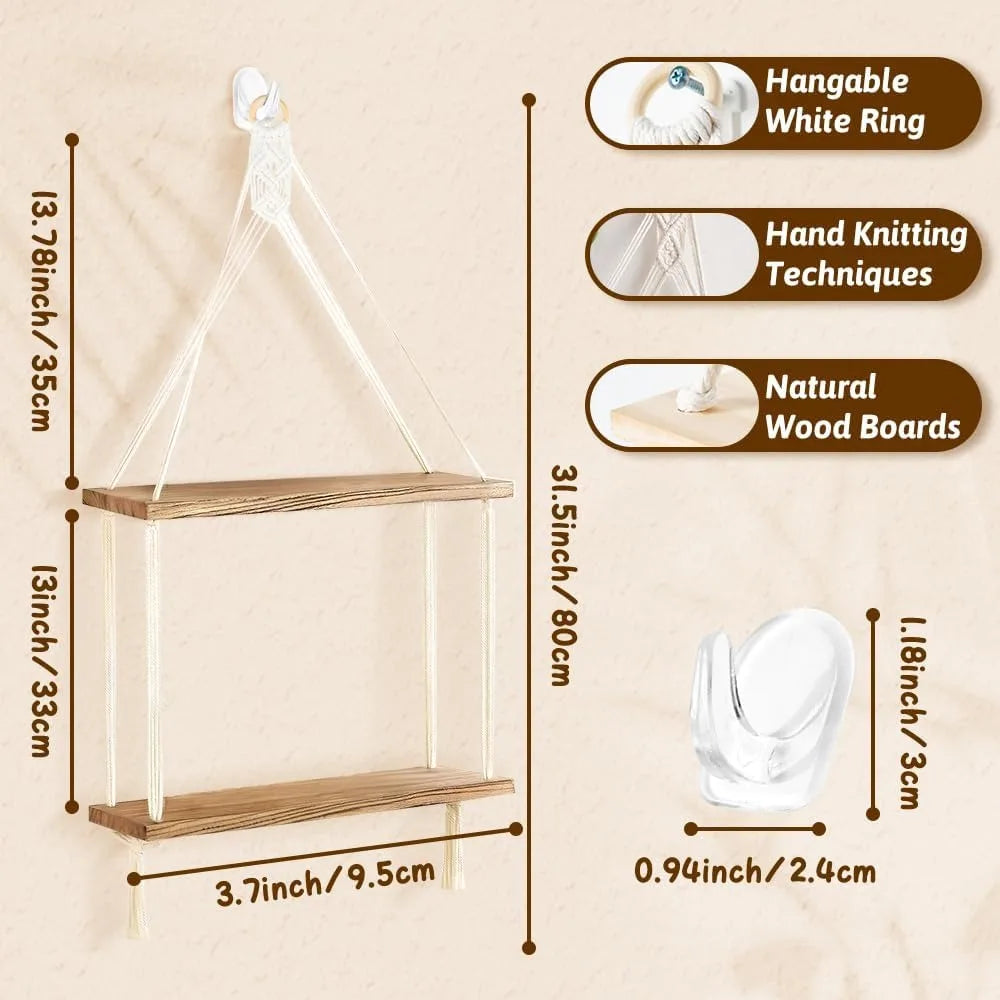 Macrame wall hanging shelves boho room decor 2 tier handmade cotton rope rustic wood corner floating with hooks deco