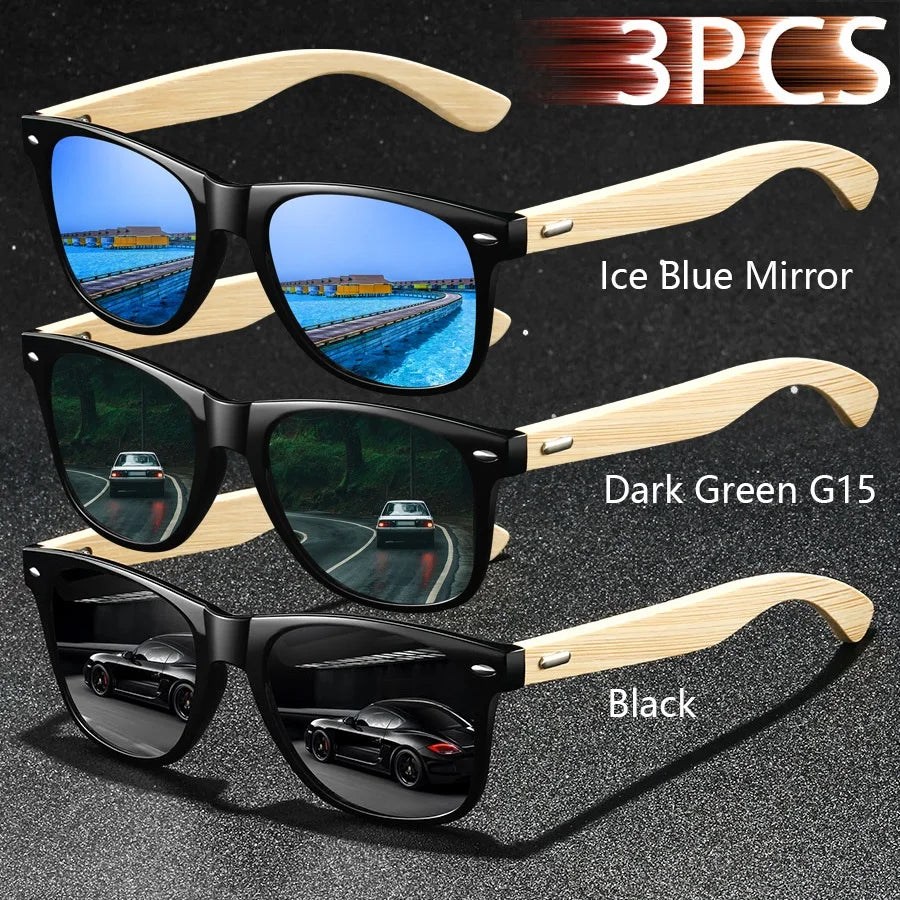 3pcs fashion vintage bamboo wood square sunglasses men women fishing driving man luxury brand designer sun glasses