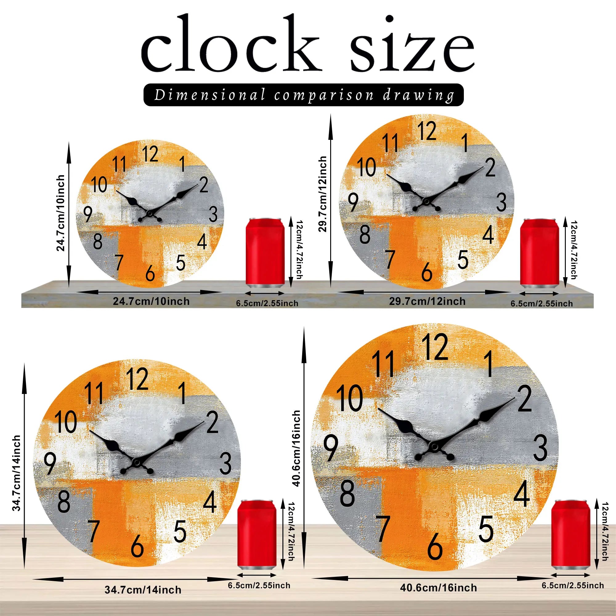 Abstract orange gray oil painting wall clock silent non-ticking wooden suitable for living room bedroom dec