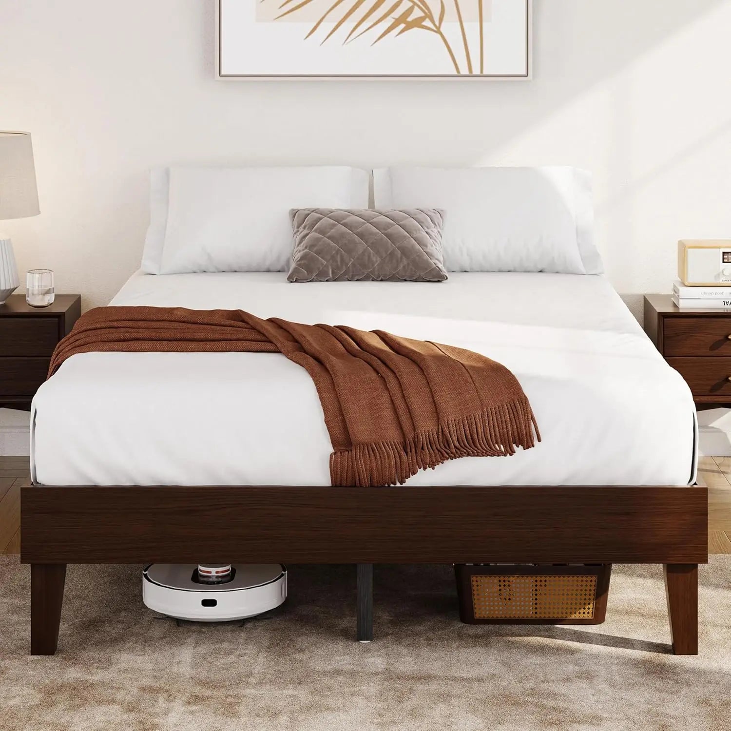 Bed frame natural solid wood platform with wooden slats support 12-inch underbed space for storage noise-free design