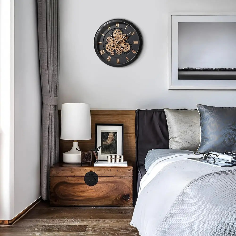 Large moving gear wall clock,16’’ vintage mechanical battery operated industrial clocks for farmhouse living room,home