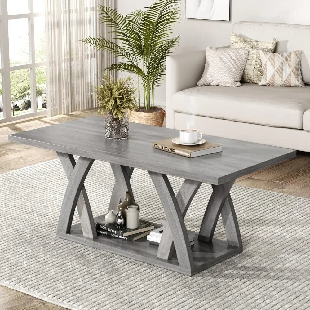 Farmhouse coffee table with shelf wood for living room open display area,47” grey