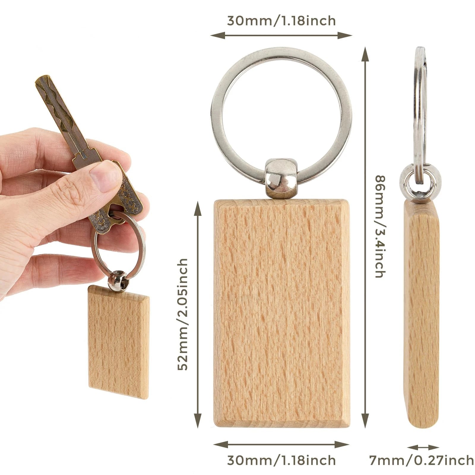 20pcs blank wooden keychain rectangular bulk wholesale wood key chains ring suitable for gift - chain