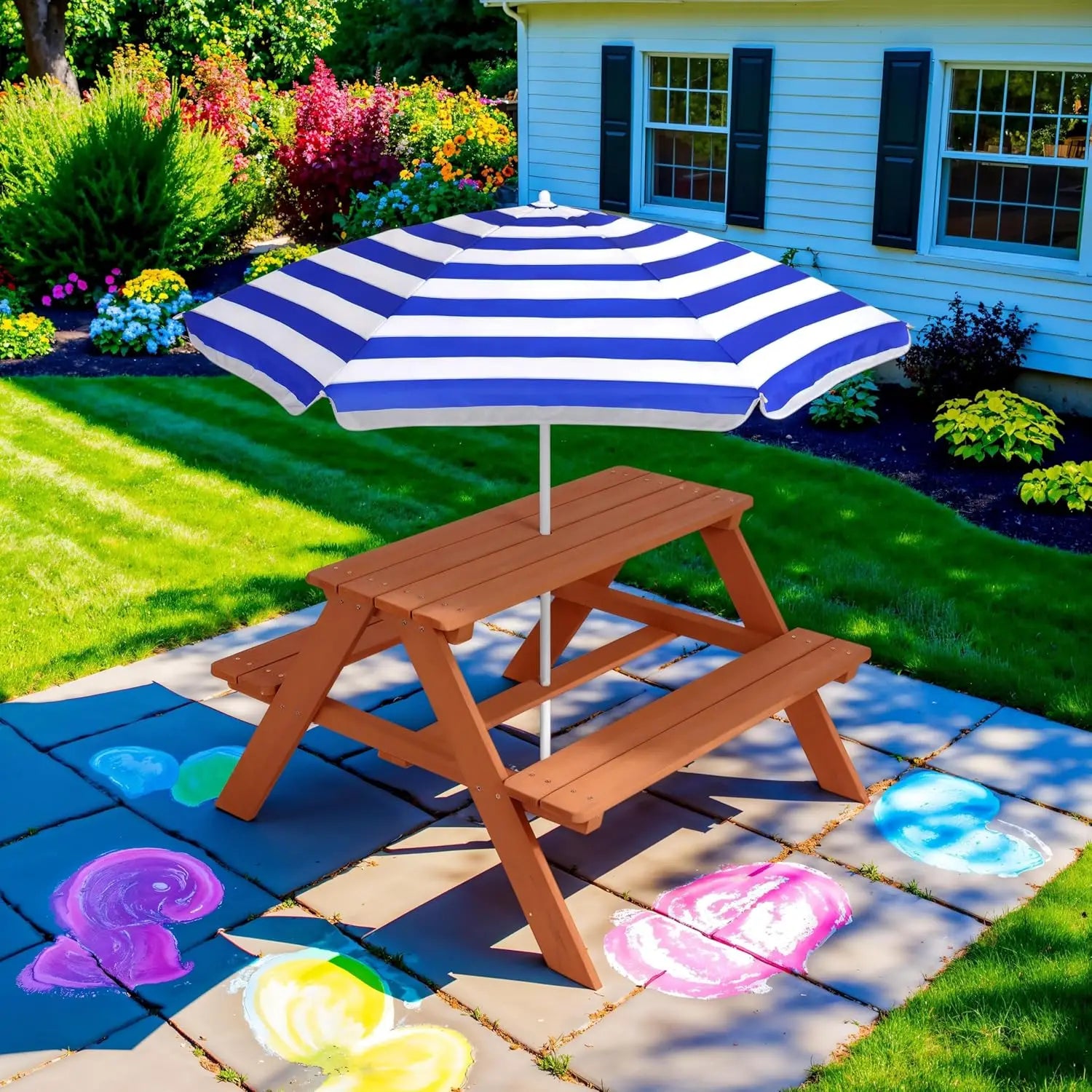 Kids wooden picnic table outdoor activity & dining w/adjustable collapsible umbrella built-in seats - golden brown/navy
