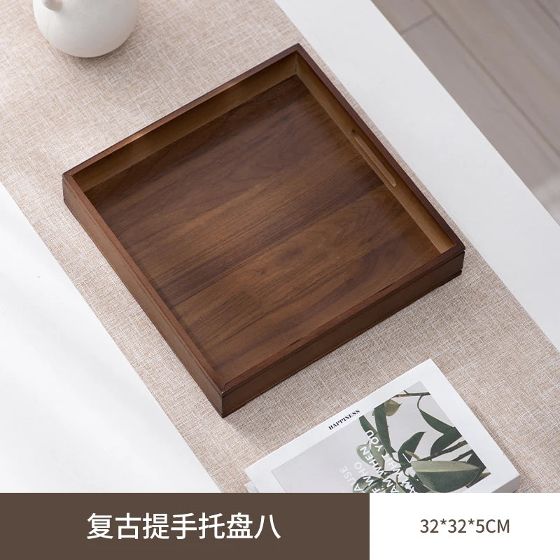 Large size rectangular bamboo wood tea tray display plate walnut color set cup storage handle home use japanese sle