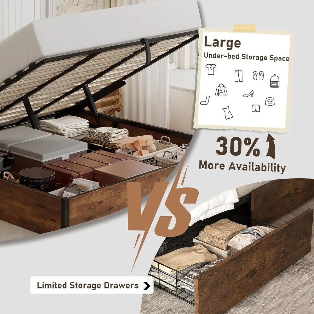Queen size lift up storage platform bed frame metal with wooden slats support no box spring needed large sp