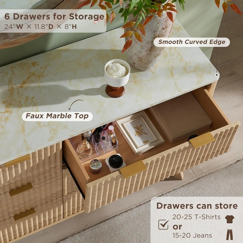 Fluted 6 drawers dresser 54’’ wide modern chest of with faux marble top curved profile design tv stand wood