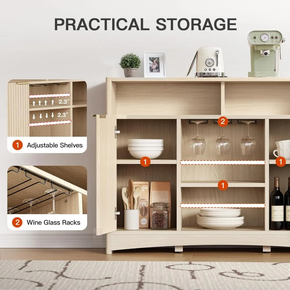 Modern coffee bar cabinet with storage fluted wood buffet sideboard wine and glass rack liquor adjustable