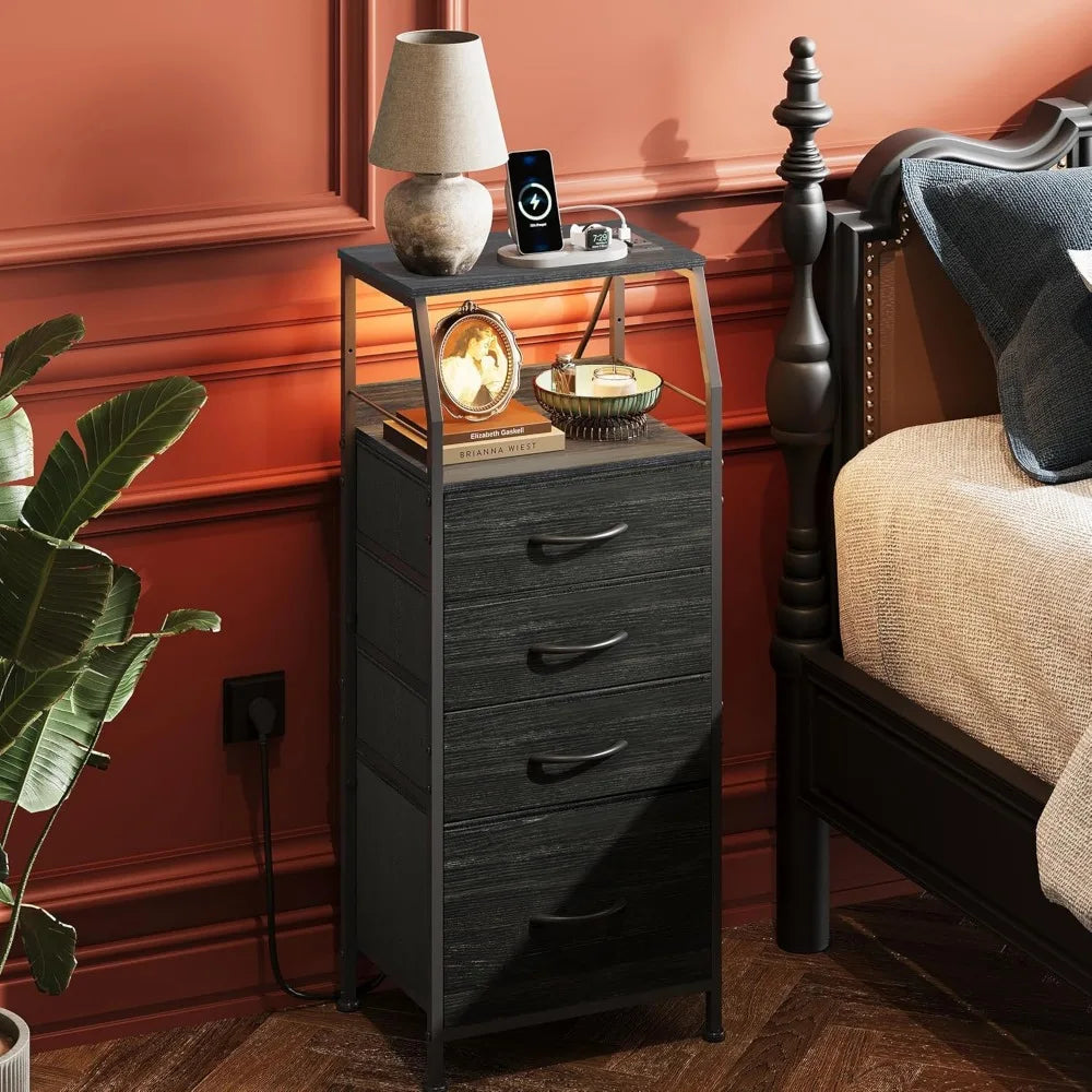 Pair of modern nightstands with built-in charging station led lighting and fabric drawers for bedroom storage - united