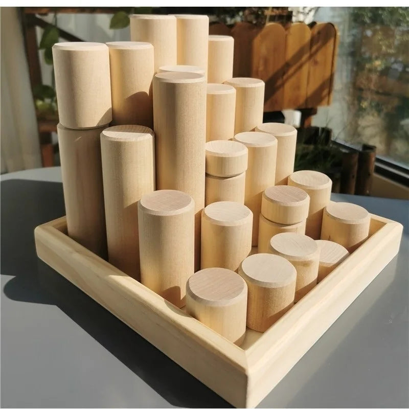 Kids large wood building rollers pastel blocks stain lime stacking cylinders forest trees rings educational creative