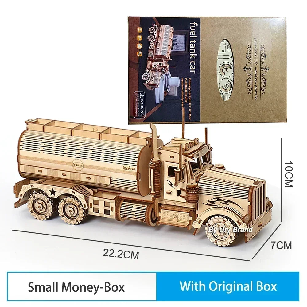 Diy 3d wooden puzzles money box piggy bank fuel truck model building block kits assembly jigsaw toy gift for children
