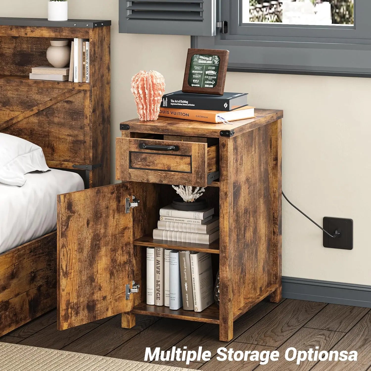 Vabches nightstand with drawer&storage cabinet farmhouse night stand power outlet wood end table bedside for bedroom
