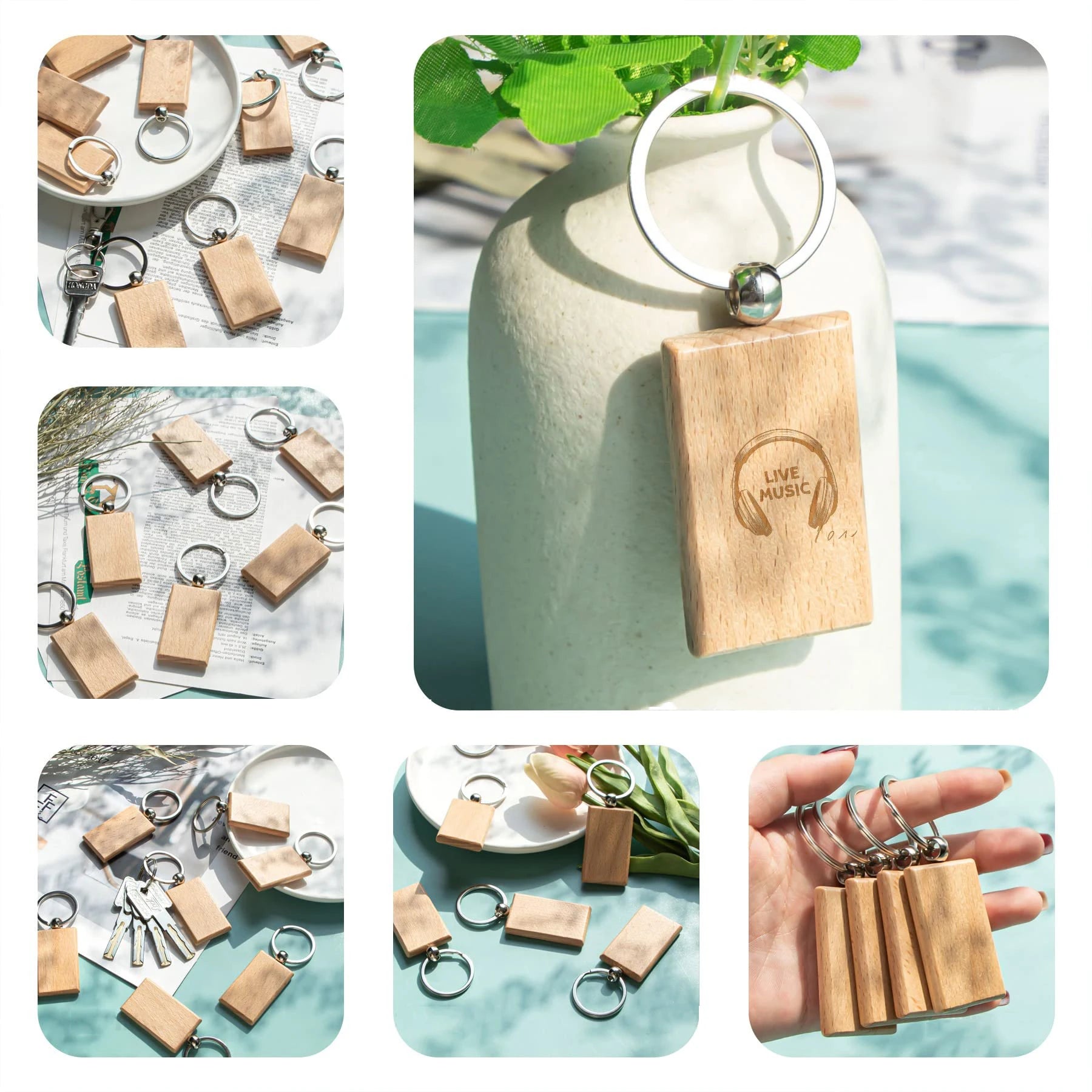 20pcs blank wooden key chain rectangle tags wood keychains ring for diy craft - rectangular