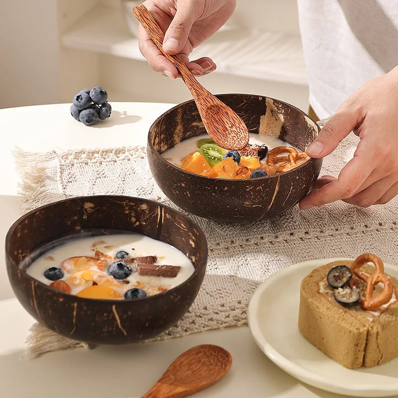 1/5pcs coconut bowl wooden spoon set smoothie kitchen tableware dessert fruit salad mixing rice ramen natural bowls