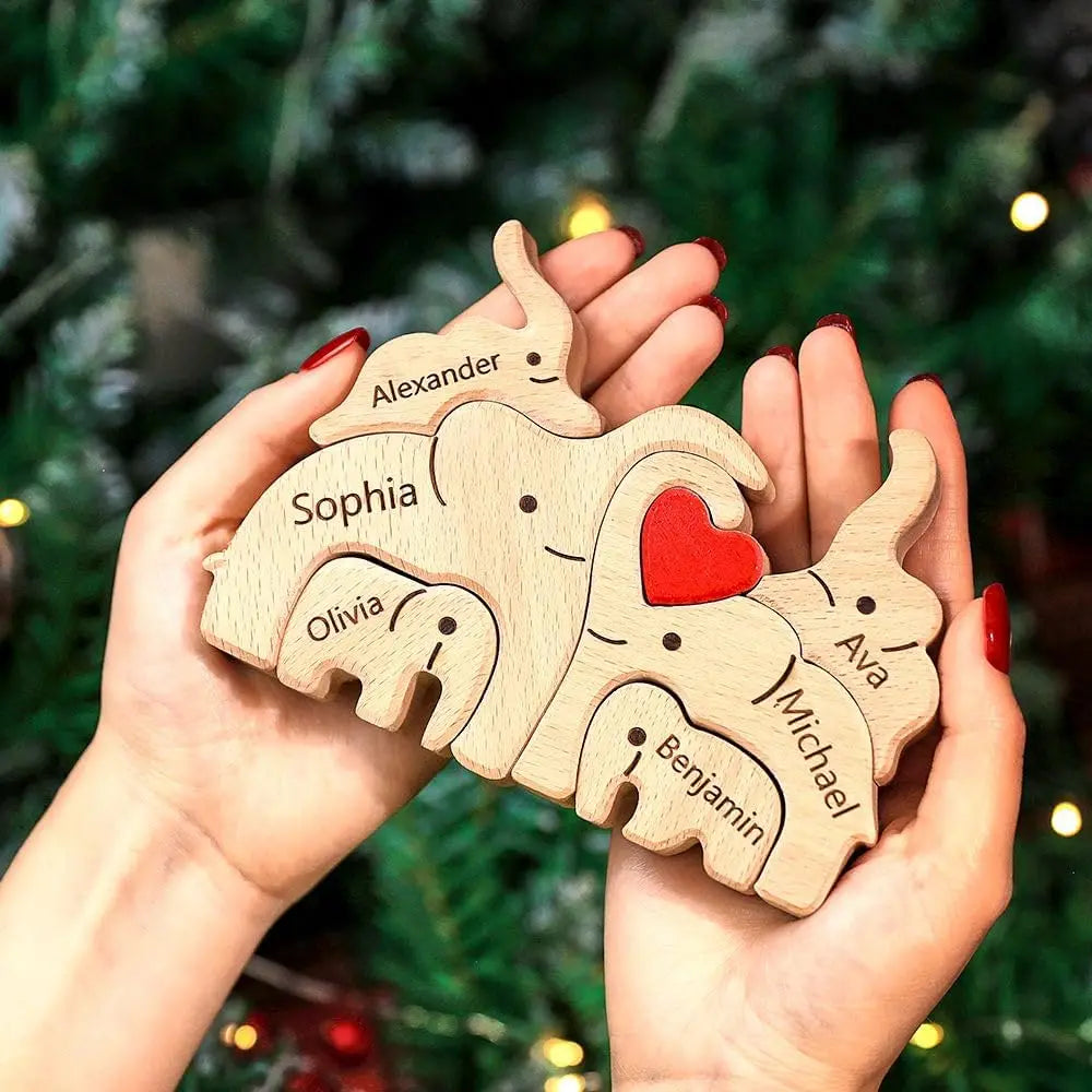 Personalized elephant family wooden puzzle love animal wood custom name sculpture free engraving decor gifts