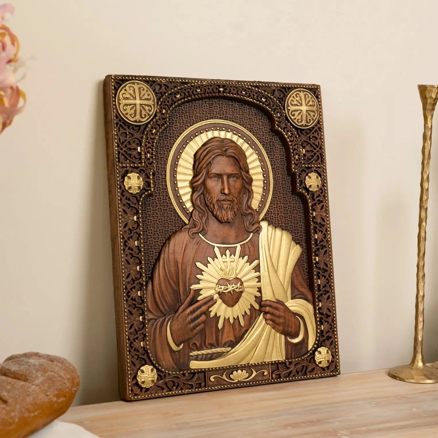 Sacred heart of jesus catholic statue religious wooden plaque wall hanging church room home and decoration christmas