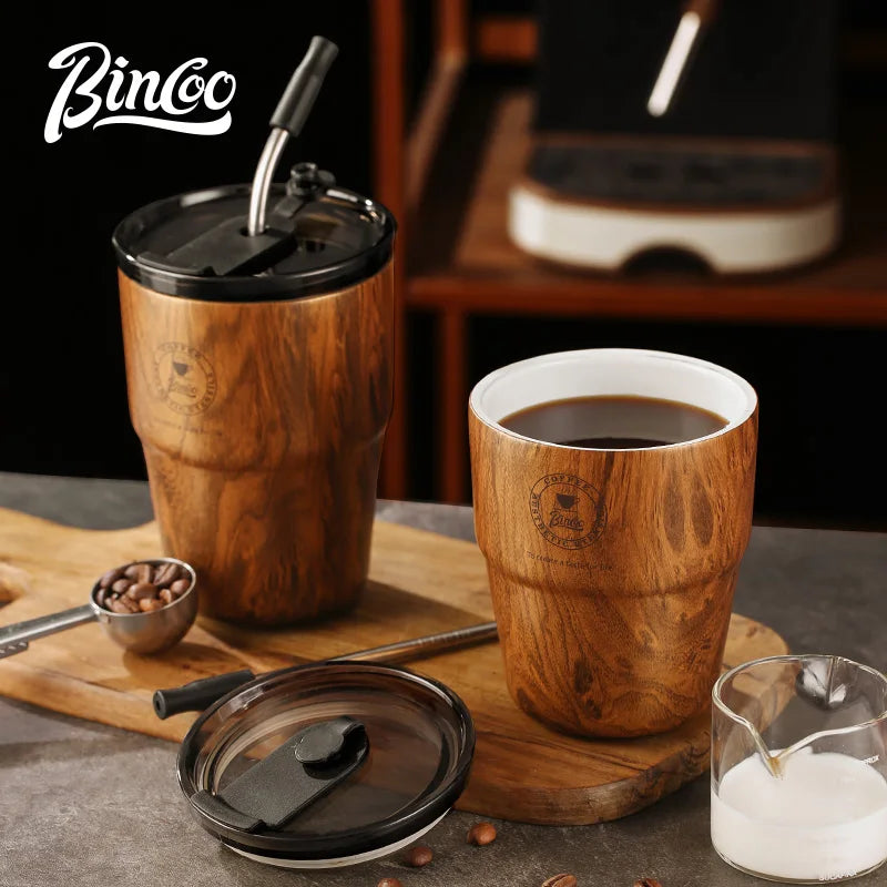 Bincoo thermal flask insulated coffee cup 580ml water mug with straw leakproof wood stripe bottle ceramic liner