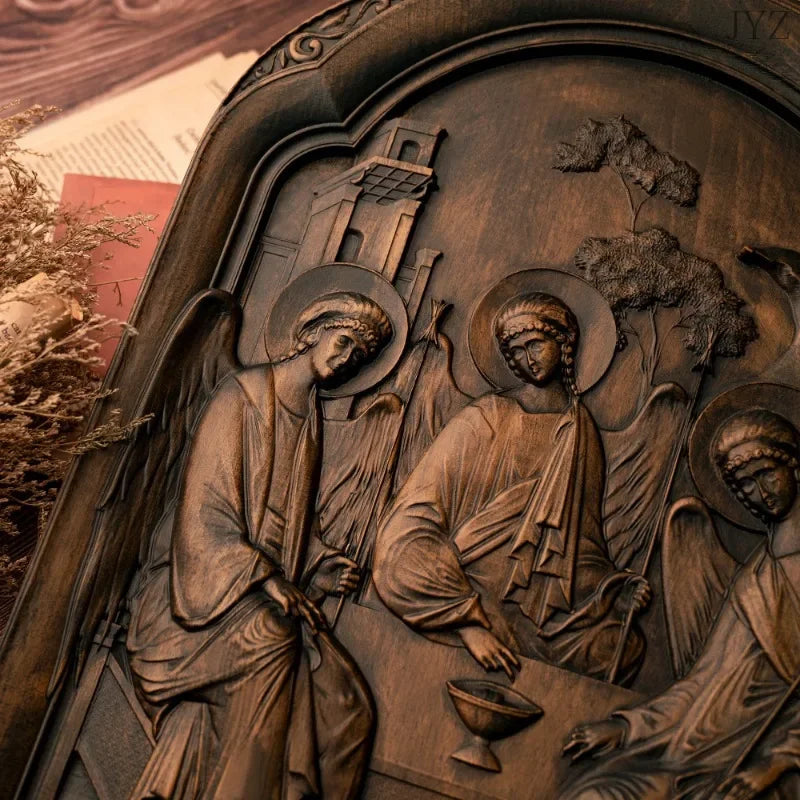 Religious home catholic holy trinity wood carving family wall decor - (christian)