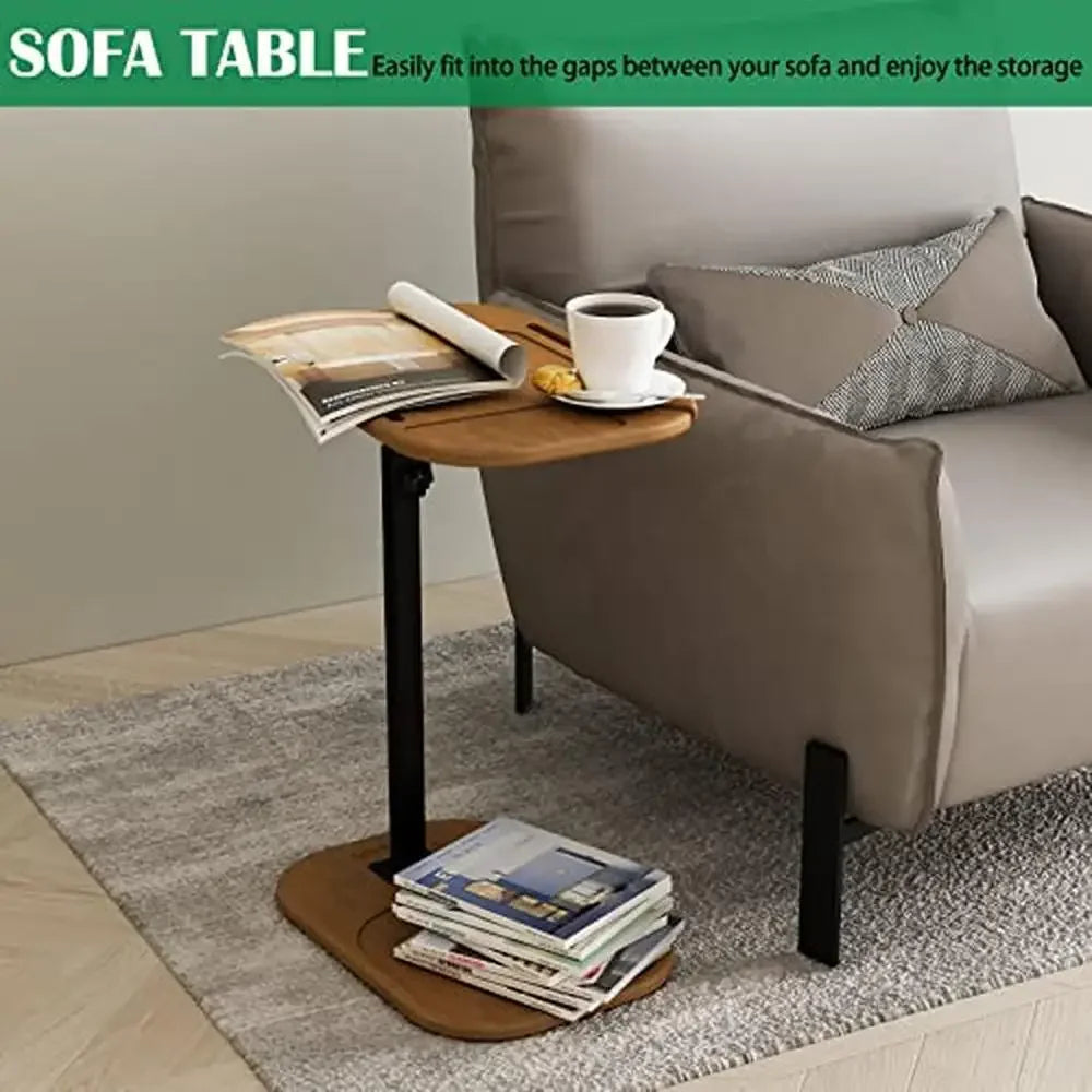 Adjustable height c shaped end table small spaces sofa side with swivel tv tray phone slot natural wood base easy