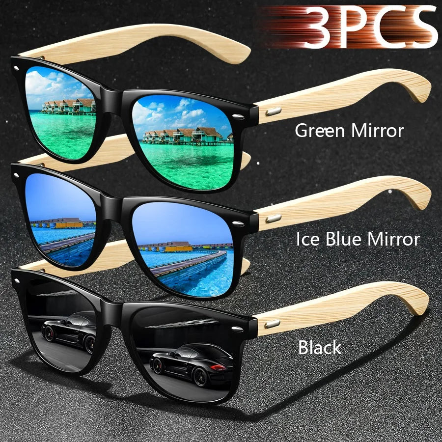 3pcs fashion vintage bamboo wood square sunglasses men women fishing driving man luxury brand designer sun glasses