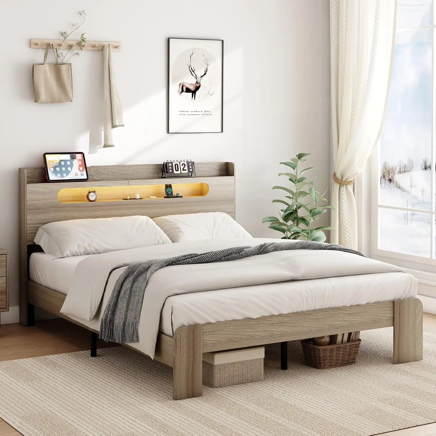 Wooden bed frame king size with headboard rustic framhouse platform bedframe wood slat support sturdy and no noise