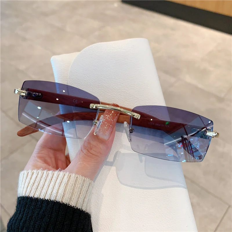 Rimless sunglasses for men women wooden pattern luxury brand retro sun glasses fashion shades uv400 travel outdoor