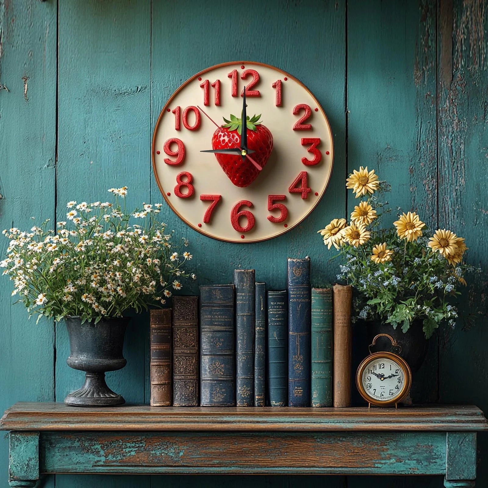 Wooden wall clock with strawberry design - ideal for kitchen or living room uses aa batteries