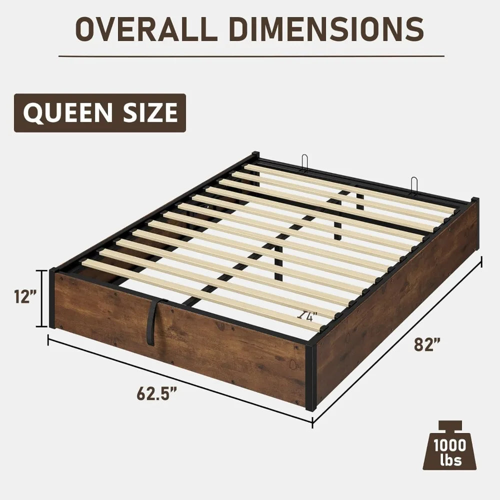 Queen size lift up storage platform bed frame metal with wooden slats support no box spring needed large sp