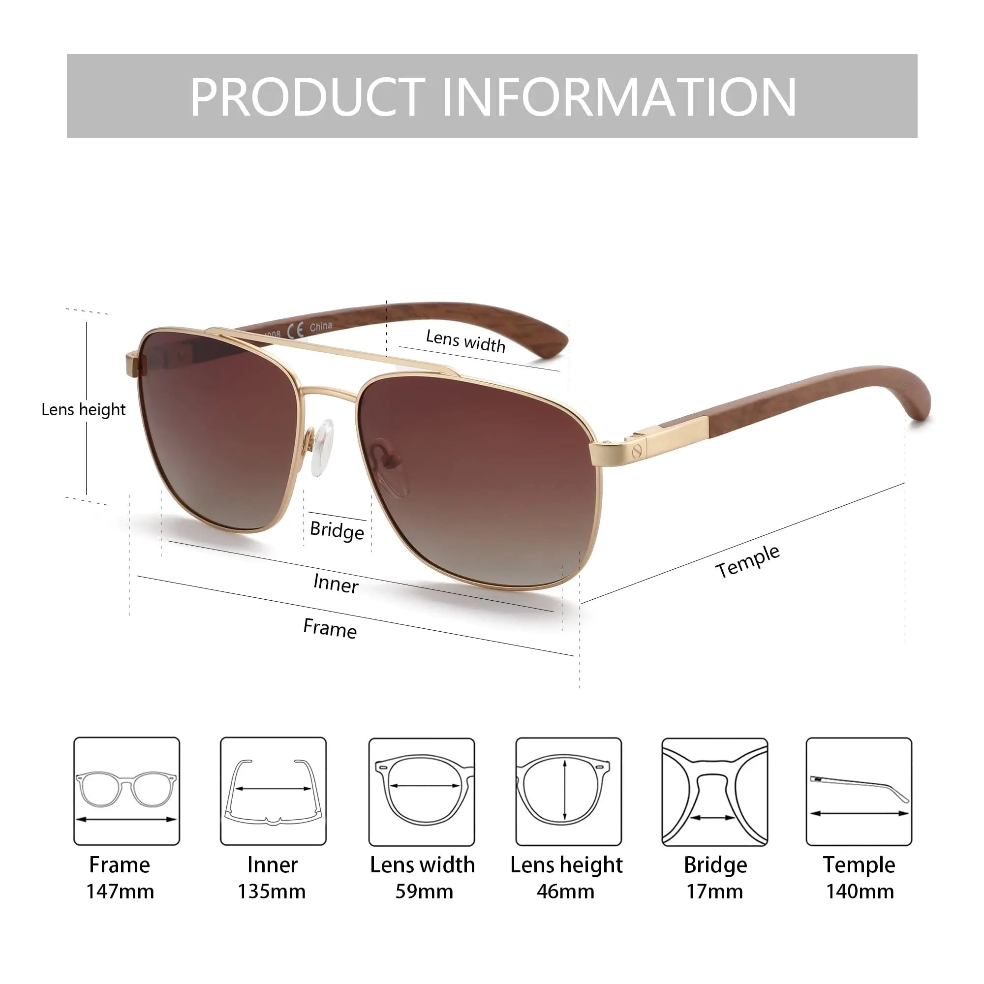 Zenottic 2024 fashion polarized sunglasses pilot sun glasses unisex classical wood spring leg shades for drive travel