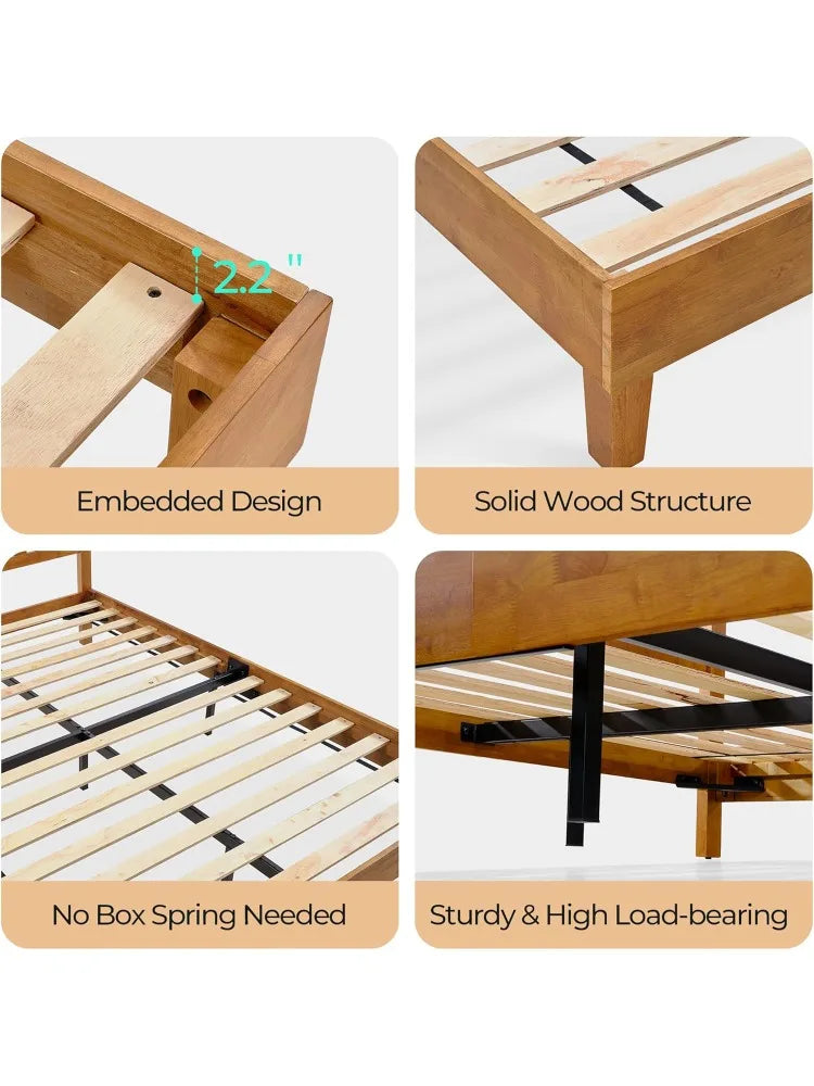 Wood full size bed frame solid platform with headboard wooden slat support no box spr - united states / rustic pine