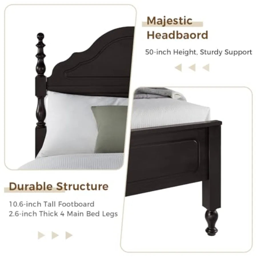 Wood queen size bed frame with wooden headboard and footboard heavy duty 12 solid slats support rubber platform f