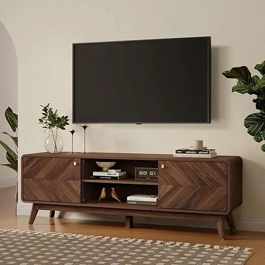 Luxenhome mid century modern tv stand 63’’ stands for living room tvs up to 65’’ entertainment center with storage wood