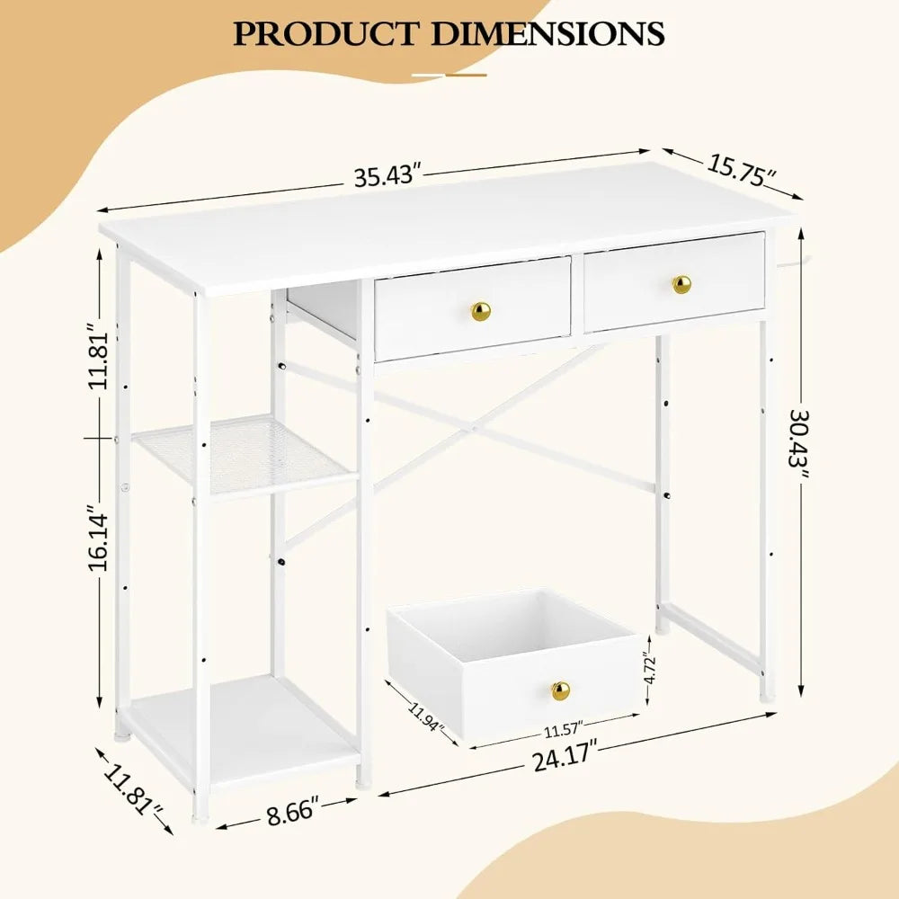 White vanity desk without mirror for bedroom makeup with 2 fabric drawers iron hook 36 inches wi - white / united states