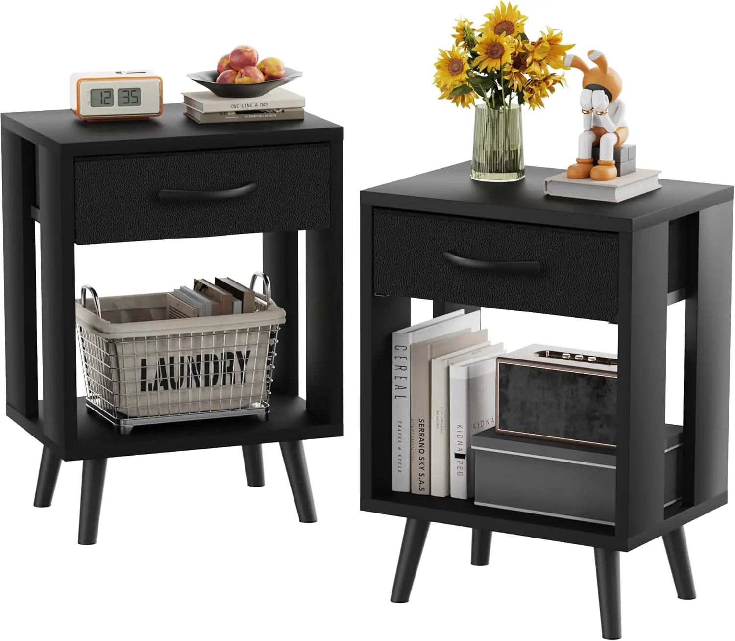 Set of 2 with fabric storage drawer and open wood shelf,side table for bedroom,night stand bedroom - black / united