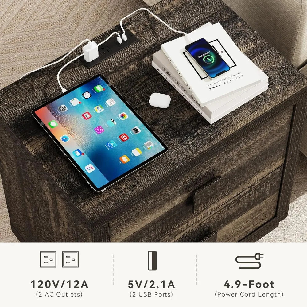 23.4’’ modern 2-drawer nightstand with charging station for bedroom wooden bedside table - united states / dark rustic