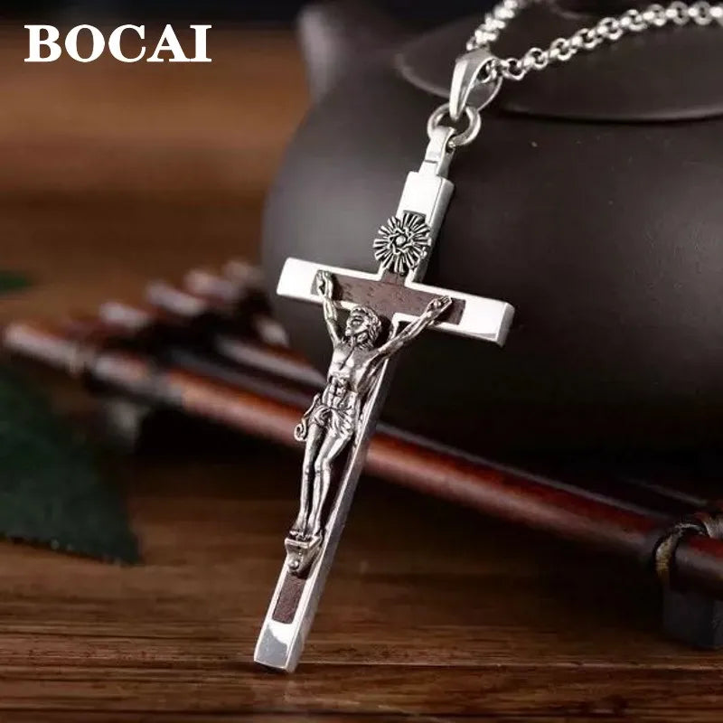 Bocai 100% s925 silver jewelry accessories retro sandalwood cross jesus pendant for men personalized and trendy