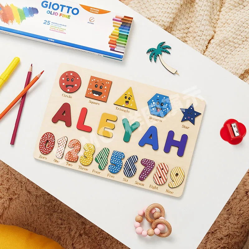 Montessori personalised wooden puzzle custom baby name jigsaw board toddlers educational shape matching toys customized