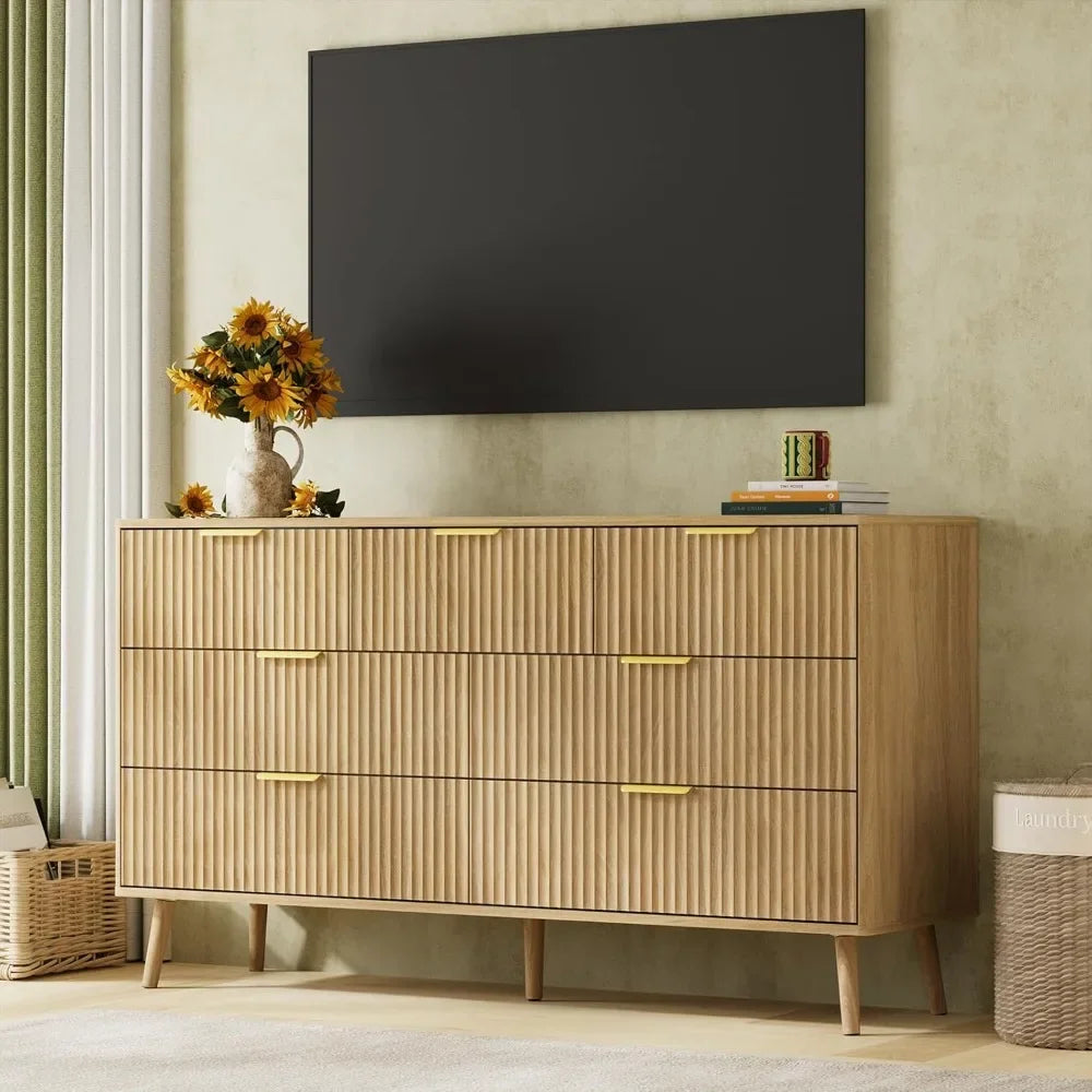 55’’ w fluted dresser for bedroom with 7 drawer modern chest of drawers metal handle & curved design wood tv stand