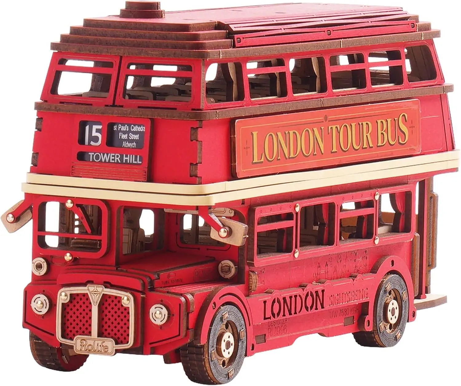 Robotime rolife london tour bus 3d wooden puzzles wood model toy car to build crafts collectibles gifts for boys girls