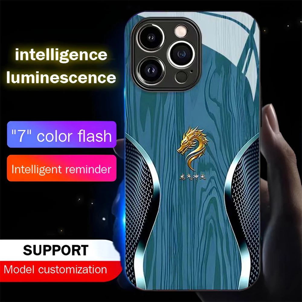 Luxury wood grain dragon luminous glass led call light up flash phone case for iphone air 17 16 e 15 14 13 12 11 pro