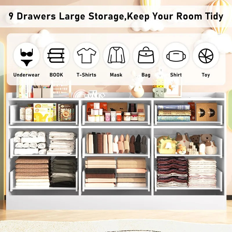 9 drawer dresser with power outlet & led light modern chest of drawers for closet 63’’ organizer cabinet bedroom