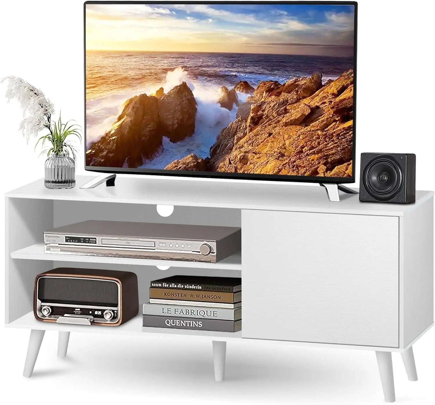 White wood television stand 1 cabinet modern entertainment center with storage for bedroom - united states
