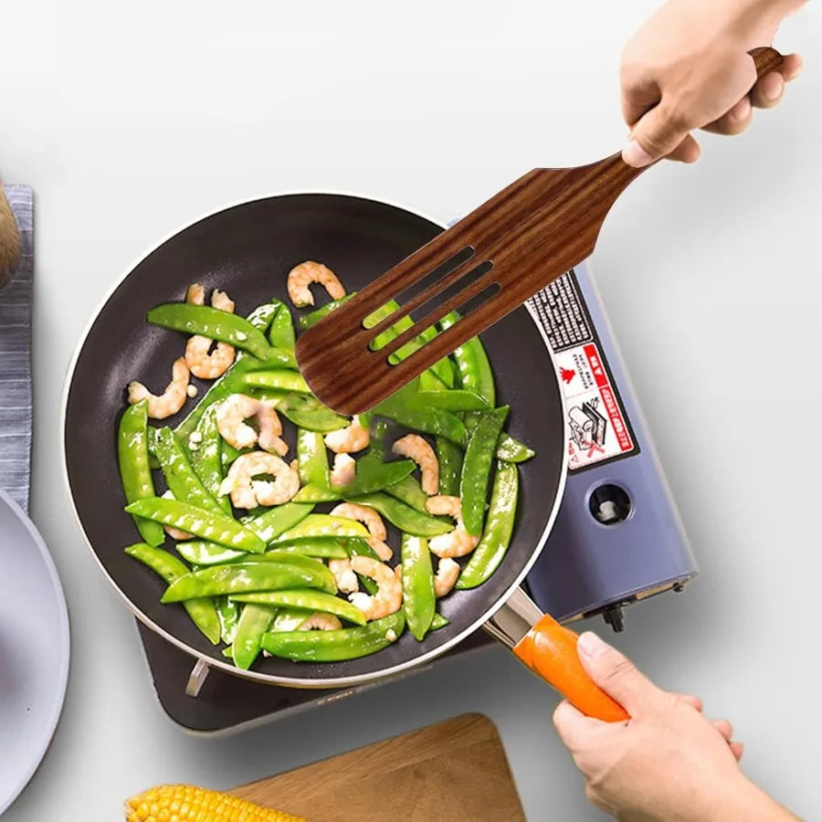 Wooden leaking shovel long handle slotted spatula for cooking and serving kitchen utensil made of premium wood - united