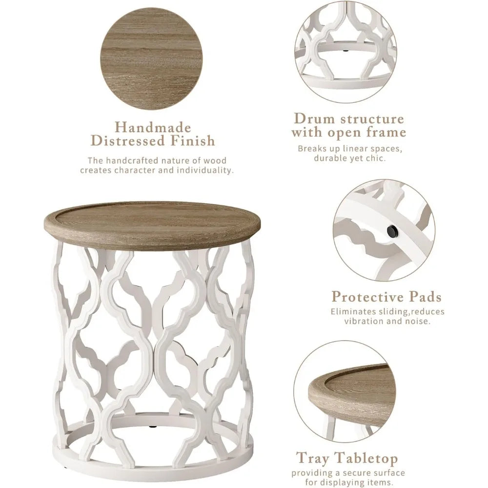 Farmhouse end table 18.5’’ french country round side distressed tray top wood with curved motif frame base fo - united